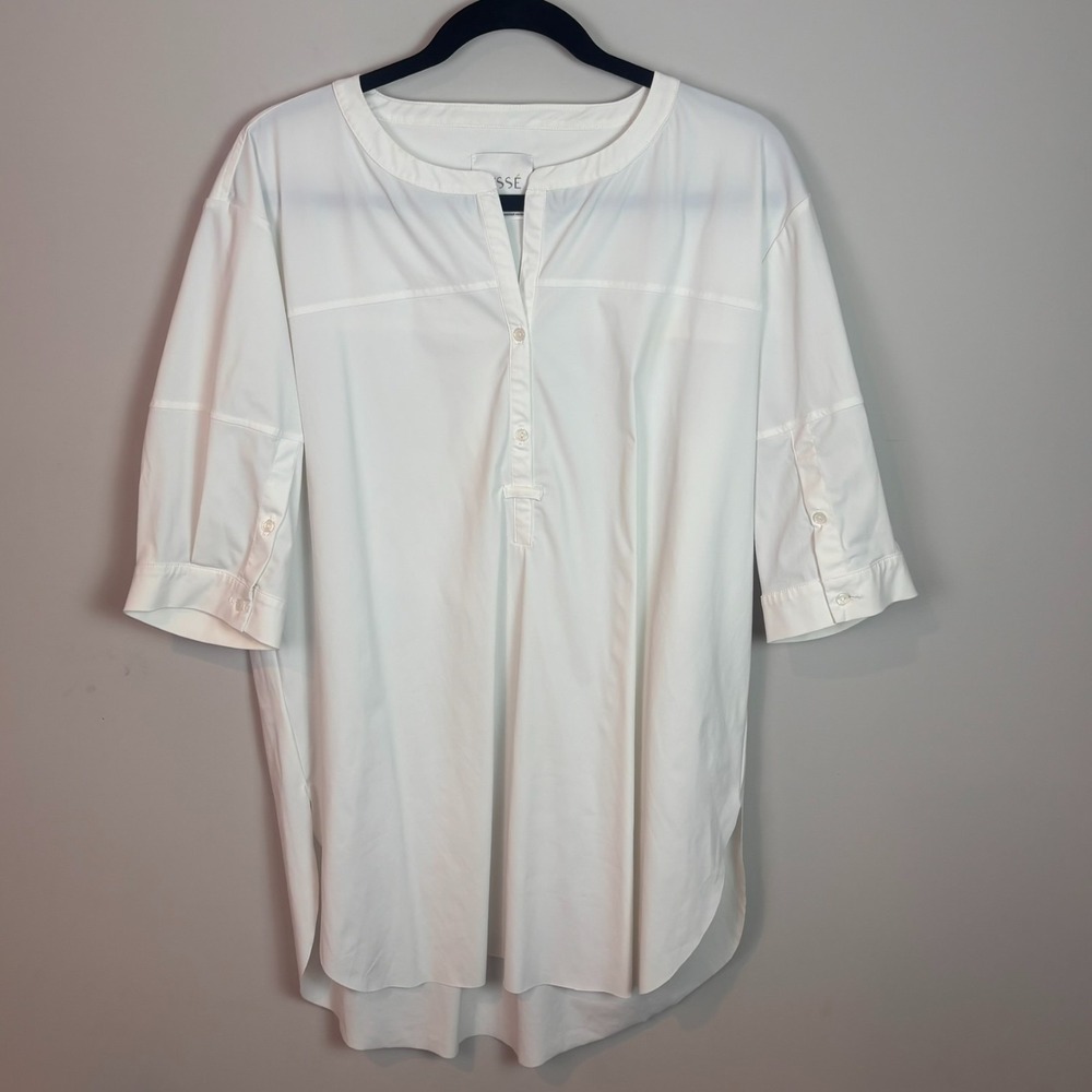 Lysse Womens White Stretch Short Sleeve Button Detail Classic Blouse sz Large